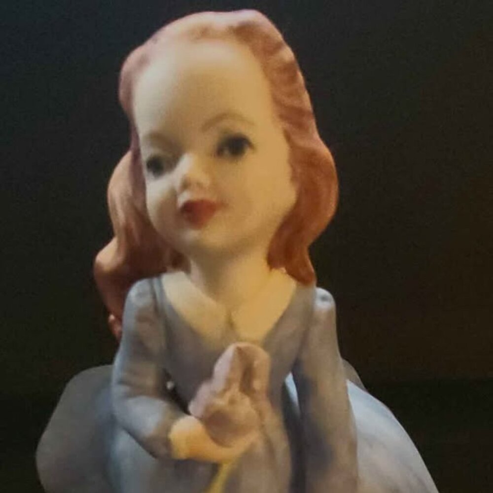 Vintage Holland Mold Figurine, Girl In Blue Dress Holding Flower
